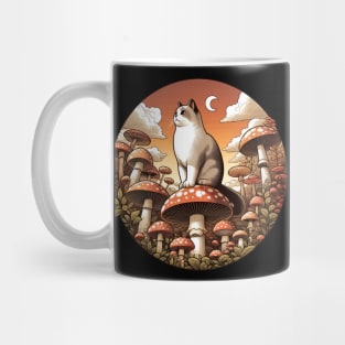 Funny Vintage White Cat in Mushroom Garden Mug